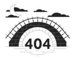 Stone bridge black white error 404 flash message. Crescent between clouds. Night scenery. Monochrome empty state ui design. Page not found popup cartoon image. Vector flat outline illustration concept