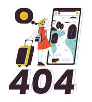 Travel influencer going on vacation error 404 flash message. Travel blogger woman. Empty state ui design. Page not found popup cartoon image. Vector flat illustration concept on white background