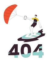 Kitesurfing error 404 flash message. Surfer with kite standing on board. Empty state ui design. Page not found popup cartoon image. Water sports. Vector flat illustration concept on white background