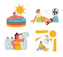 Stay cool during heat wave flat concept vector spot illustration set. Summer safety 2D cartoon characters on white for web UI design. Hydration at home isolated editable creative hero image pack