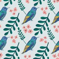 Hand drawn bird pattern on flower and leaves background vector