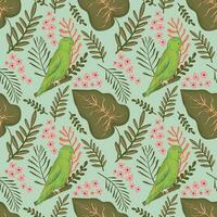 Hand drawn bird pattern on flower and leaves background vector