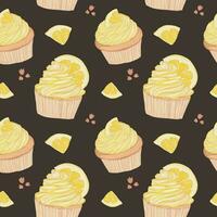 Sweet hand drawn seamless pattern. Lemon cup cake vector illustration.