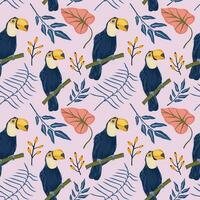 hand drawn toucan bird and tropical leaves pattern vector