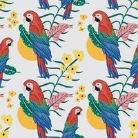 hand drawn parrot bird, flower and tropical leaves pattern vector