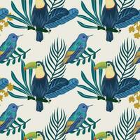 hand drawn toucan bird and tropical leaves pattern vector