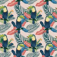 hand drawn toucan bird and tropical leaves pattern vector