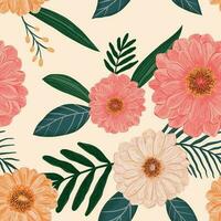 Hand drawn zinnias and leaves floral seamless pattern vector