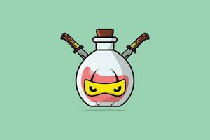 poción botella con ninja dibujos animados personaje vector ilustración. Ciencias objeto icono concepto. ninja dibujos animados con espadas vector diseño. dibujos animados personaje bebida diseño.