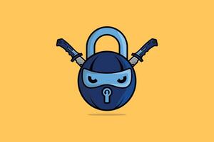 candado con ninja dibujos animados vector ilustración. tecnología y hogar la seguridad objetos icono concepto. símbolo proteccion y ninja dibujos animados personaje. ciber seguridad digital datos proteccion mínimo concepto