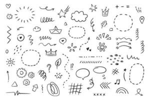 Hand drawn simple elements set. Sketch underlines, icons, emphasis, speech bubbles, arrows and shapes. Vector illustration isolated on white background.