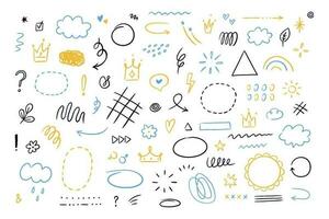 Hand drawn simple elements set. Sketch underlines, icons, emphasis, speech bubbles, arrows and shapes. Vector illustration isolated on white background.