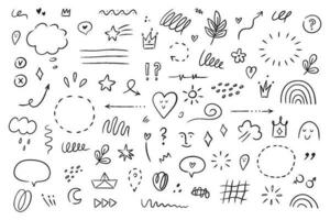 Hand drawn simple elements set. Sketch underlines, icons, emphasis, speech bubbles, arrows and shapes. Vector illustration isolated on white background.