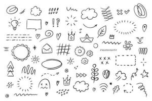 Hand drawn simple elements set. Sketch underlines, icons, emphasis, speech bubbles, arrows and shapes. Vector illustration isolated on white background.