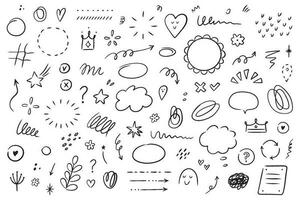 Hand drawn simple elements set. Sketch underlines, icons, emphasis, speech bubbles, arrows and shapes. Vector illustration isolated on white background.