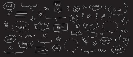 Speech bubbles, clouds and and doodle  elements hand drawn set. Isolated simple vector illustration on black background.