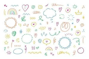 Hand drawn simple elements set. Sketch underlines, icons, emphasis, speech bubbles, arrows and shapes. Vector illustration isolated on white background.