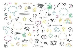 Hand drawn simple elements set. Sketch underlines, icons, emphasis, speech bubbles, arrows and shapes. Vector illustration isolated on white background.