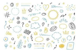 Hand drawn simple elements set. Sketch underlines, icons, emphasis, speech bubbles, arrows and shapes. Vector illustration isolated on white background.