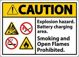 Caution Sign Explosion Hazard, Battery Charging Area, Smoking And Open Flames Prohibited vector