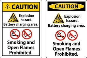 Caution Sign Explosion Hazard, Battery Charging Area, Smoking And Open Flames Prohibited vector