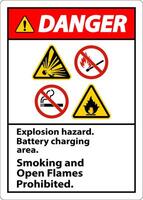 Danger Sign Explosion Hazard, Battery Charging Area, Smoking And Open Flames Prohibited vector