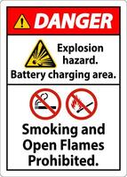 Danger Sign Explosion Hazard, Battery Charging Area, Smoking And Open Flames Prohibited vector