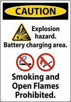 Caution Sign Explosion Hazard, Battery Charging Area, Smoking And Open Flames Prohibited vector
