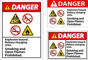 Danger Sign Explosion Hazard, Battery Charging Area, Smoking And Open Flames Prohibited vector