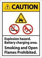 Caution Sign Explosion Hazard, Battery Charging Area, Smoking And Open Flames Prohibited vector