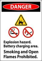 Danger Sign Explosion Hazard, Battery Charging Area, Smoking And Open Flames Prohibited vector