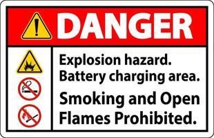 Danger Sign Explosion Hazard, Battery Charging Area, Smoking And Open Flames Prohibited vector