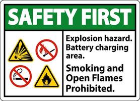 Safety First Sign Explosion Hazard, Battery Charging Area, Smoking And Open Flames Prohibited vector