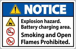 Notice Sign Explosion Hazard, Battery Charging Area, Smoking And Open Flames Prohibited vector