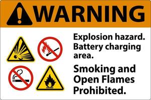 Warning Sign Explosion Hazard, Battery Charging Area, Smoking And Open Flames Prohibited vector