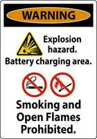 Warning Sign Explosion Hazard, Battery Charging Area, Smoking And Open Flames Prohibited vector