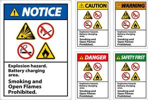 Danger Sign Explosion Hazard, Battery Charging Area, Smoking And Open Flames Prohibited vector