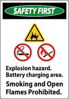 Safety First Sign Explosion Hazard, Battery Charging Area, Smoking And Open Flames Prohibited vector