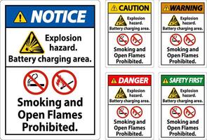 Danger Sign Explosion Hazard, Battery Charging Area, Smoking And Open Flames Prohibited vector