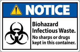 Notice Label Biohazard Infectious Waste, No Sharps Or Drugs Kept In This Container vector