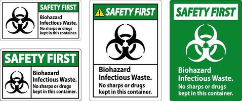 Safety First Label Biohazard Infectious Waste, No Sharps Or Drugs Kept In This Container vector