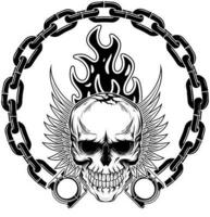 Set of monochrome motorcycle elements, skull, fire, wings, chain pattern, motorcycle pistons vector