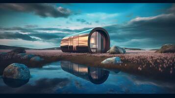 minimalista casa en el campo con reflexión en agua ai generado foto