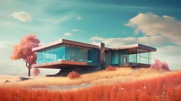 Modern house on the hill with nature background AI Generated photo