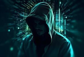 Hacker in hood against binary code background. Hacking concept. AI Generated photo