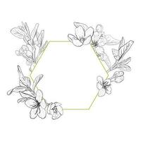 Vector illustration frame composition with flowers and leaves of cherry, sakura, apple, plum, wild cherry plum, bird cherry, pear. Realistic contour, graphic drawing. For cards, logo, photos, stickers