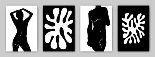 Set of black and white posters with a female figure in the style of Matisse. Abstract Wall Art. vector