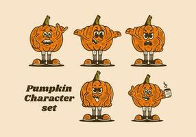 Orange pumpkin mascot character in fiver different expression vector