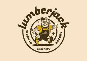 Vintage drawing of the mascot character design of running lumberjack holding ax vector