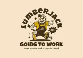 Vintage drawing of the mascot character design of running lumberjack holding ax vector